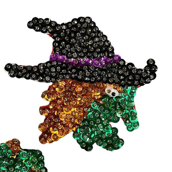 4 Vtg Homemade Halloween Frig Magnets Witches Pumpkins EUC Sequins Beads - Picture 4 of 14